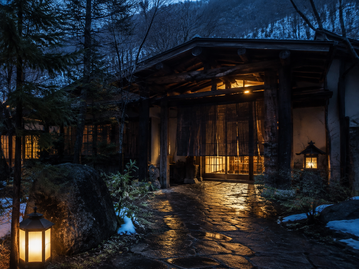 HOK-DAY-05 · onsen ryokan entrance at dusk — 4:3